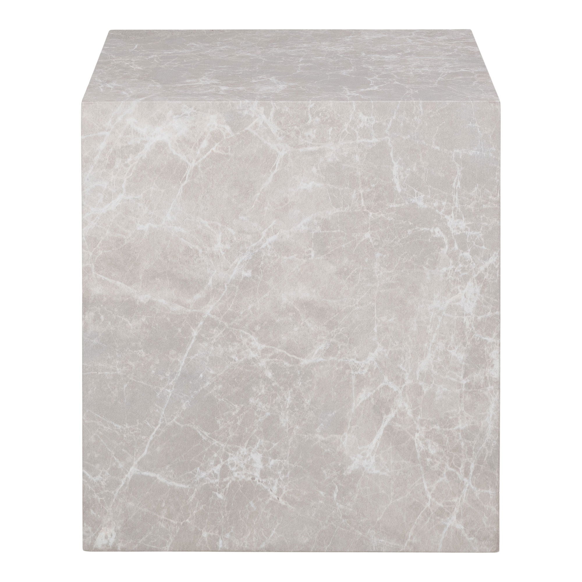 Vooraanzicht van het vierkante MDF-blad van House Nordic Prague bijzettafel in beige marmerlook met marmerpatroon